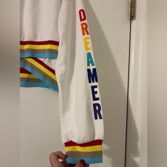 Dreamer White & Rainbow Asymmetrical Long Sleeve Crop Top size Medium (J120) - Picture 4 of 13